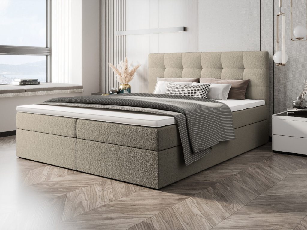 Kontynentalne Łóżko 140x200 W Tkaninie Quelle - Baranek + 2 Materace Bonell + 2 Pojemniki + Wybór Kolorów - SAGANI