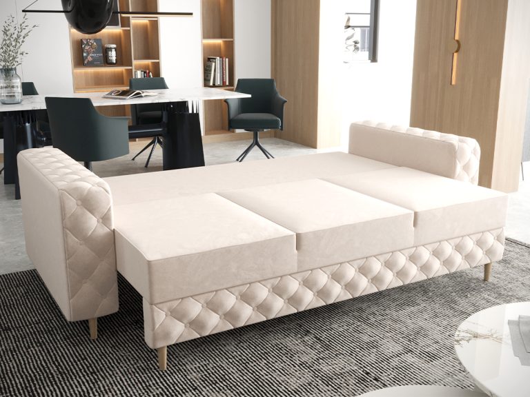 Trzyosobowa Kanapa 240 CM Do Salonu Wygodna Elegancka Pikowana Z Funkcją Spania Pojemnikiem Heaven
